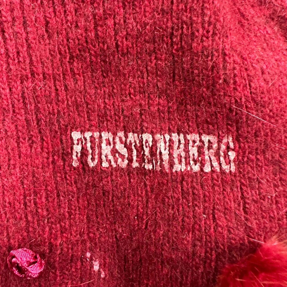 Furstenberg Scarf OS Red Ombre Angora Wool Blend Fur Pom Pom Rosette Women